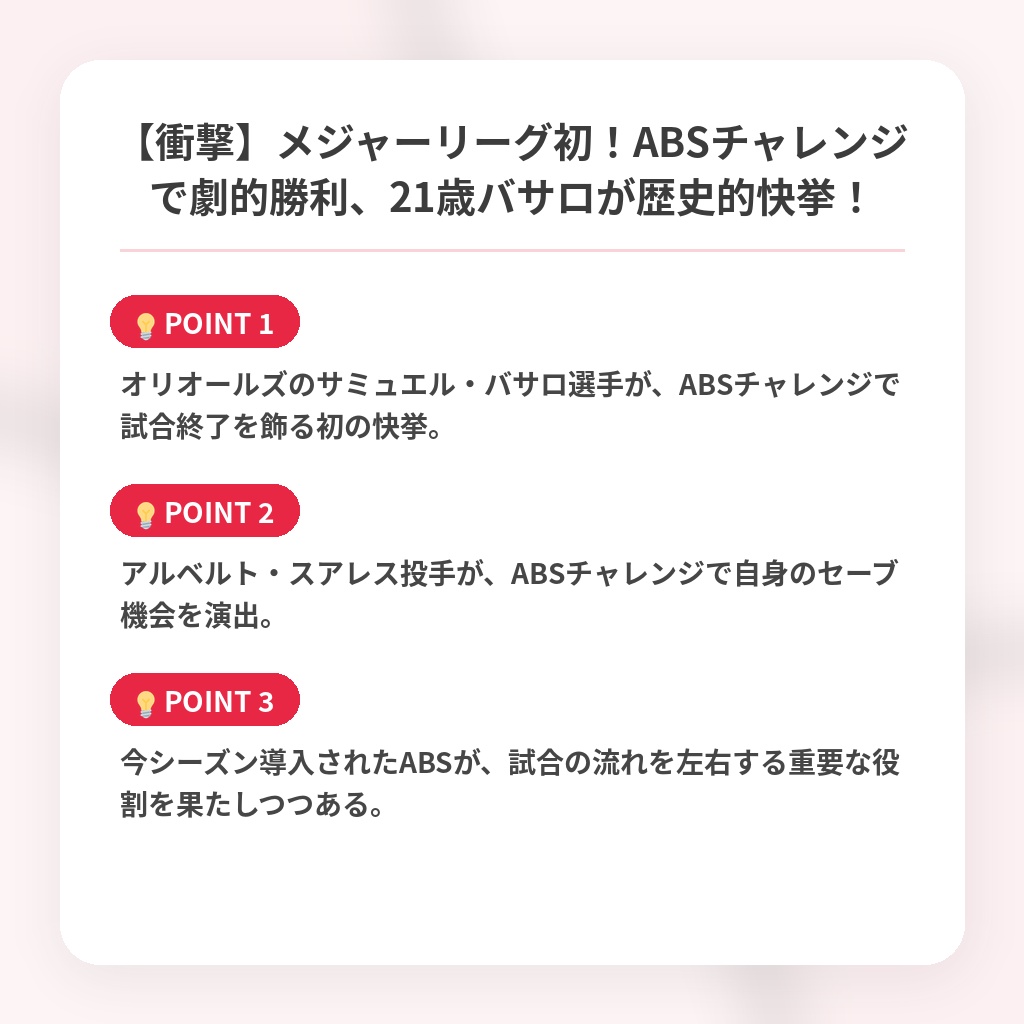 【衝撃】メジャーリーグ初！ABSチャレンジで劇的勝利、21歳バサロが歴史的快挙！の注目ポイントまとめ