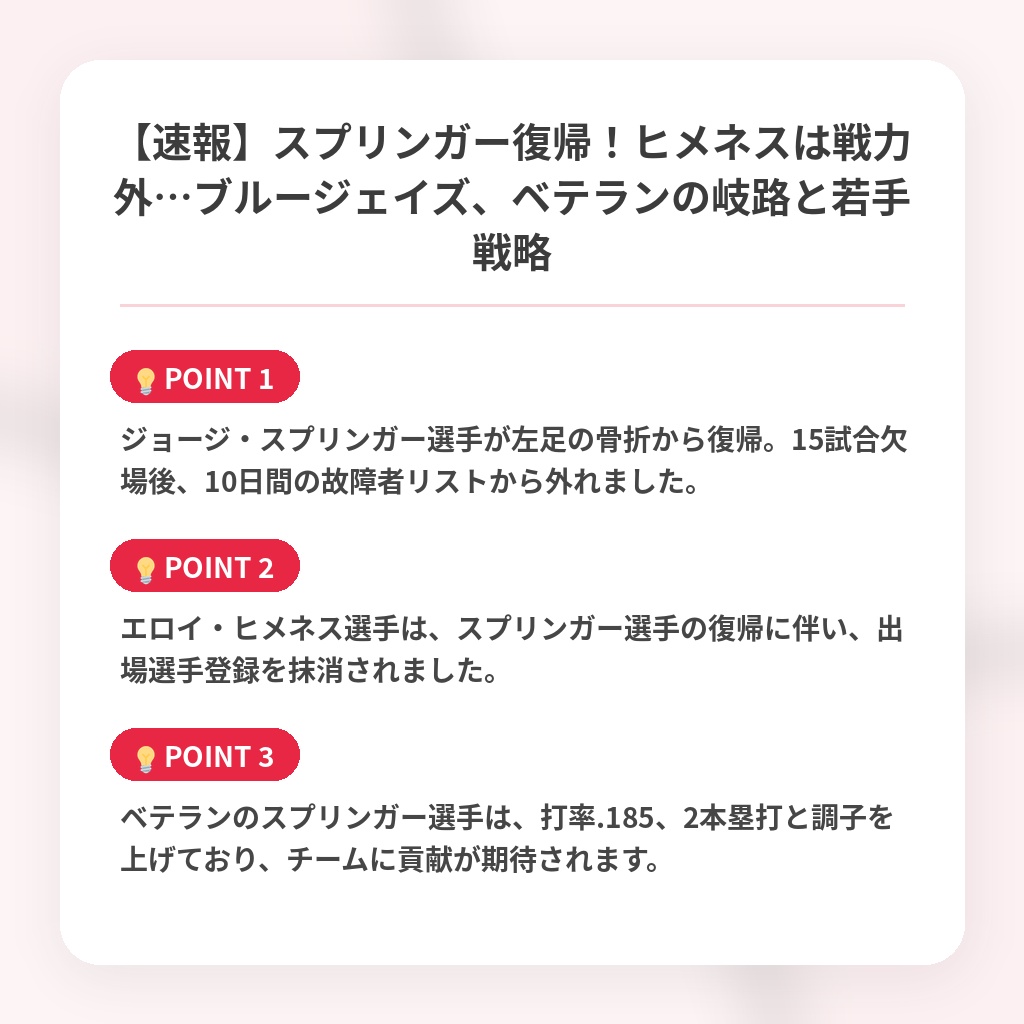【速報】スプリンガー復帰！ヒメネスは戦力外…ブルージェイズ、ベテランの岐路と若手戦略の注目ポイントまとめ