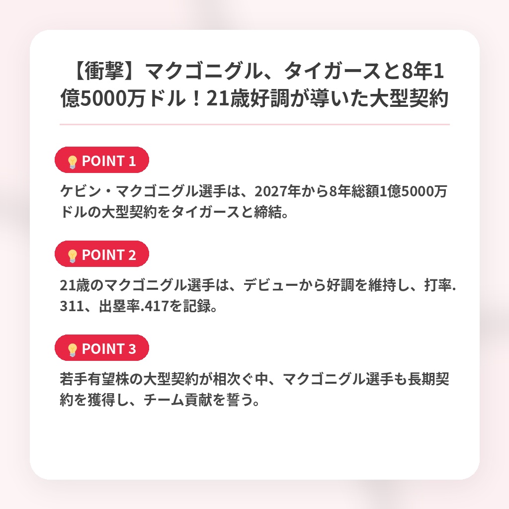 【衝撃】マクゴニグル、タイガースと8年1億5000万ドル!21歳好調が導いた大型契約の注目ポイントまとめ