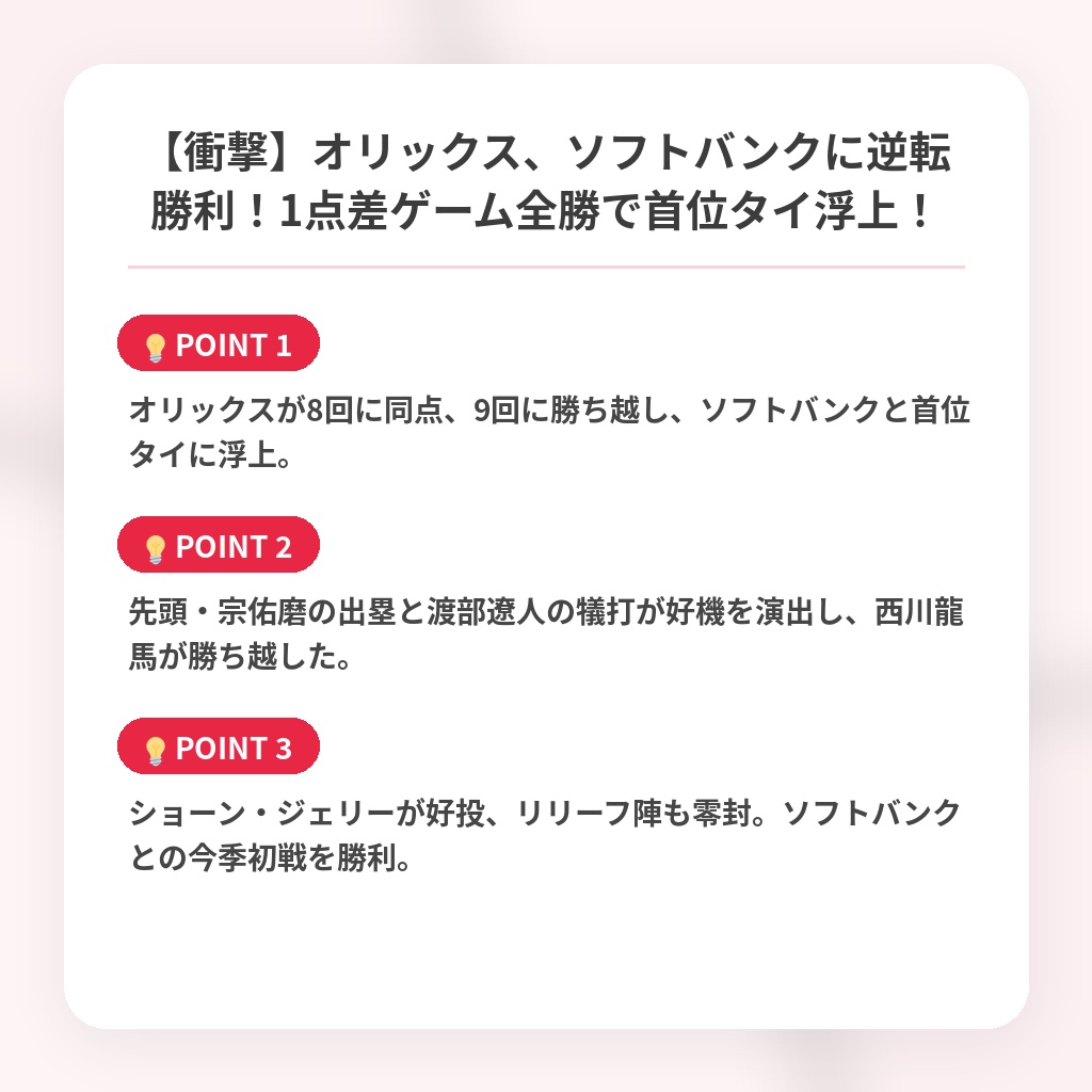 【衝撃】オリックス、ソフトバンクに逆転勝利！1点差ゲーム全勝で首位タイ浮上！の注目ポイントまとめ