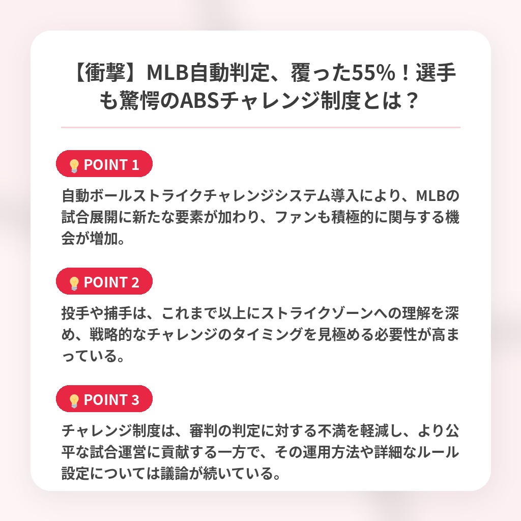 【衝撃】MLB自動判定、覆った55%!選手も驚愕のABSチャレンジ制度とは?の注目ポイントまとめ