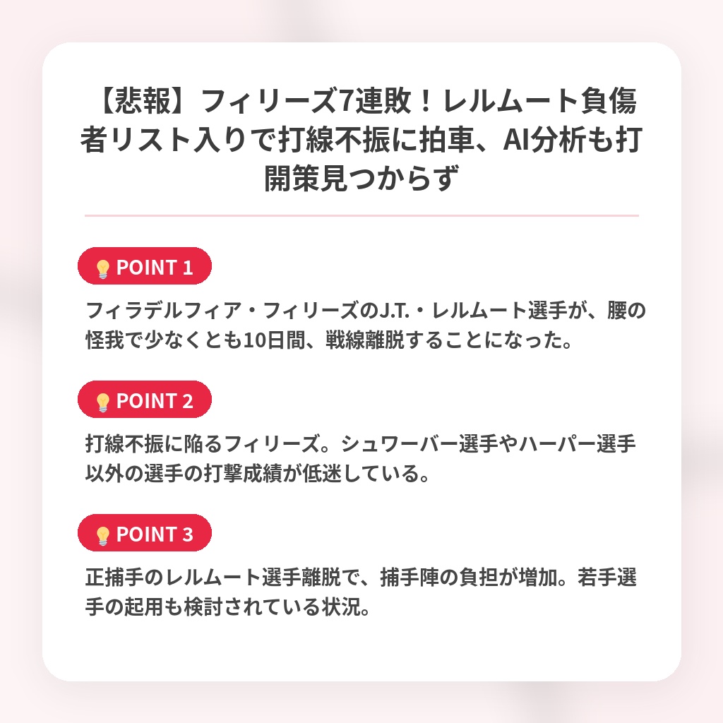 【悲報】フィリーズ7連敗！レルムート負傷者リスト入りで打線不振に拍車、AI分析も打開策見つからずの注目ポイントまとめ