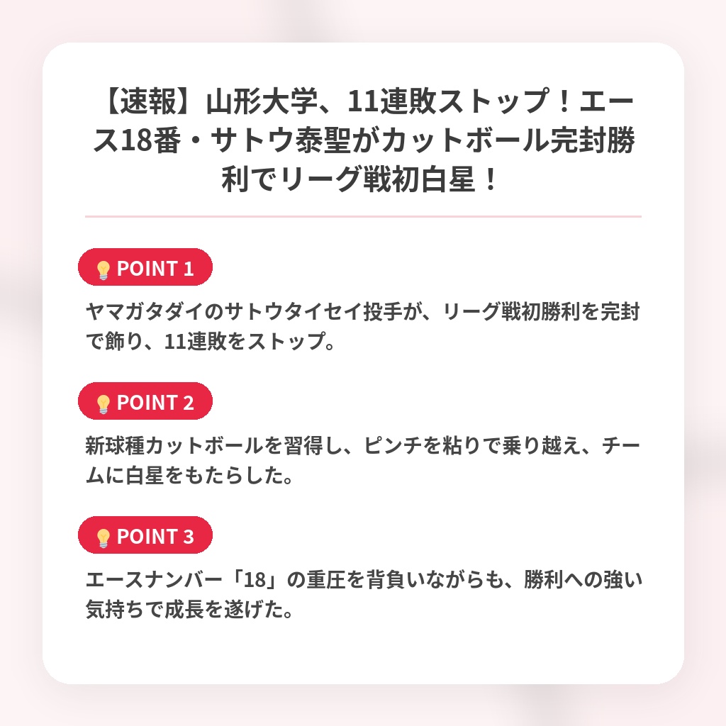 【速報】山形大学、11連敗ストップ!エース18番・サトウ泰聖がカットボール完封勝利でリーグ戦初白星!の注目ポイントまとめ