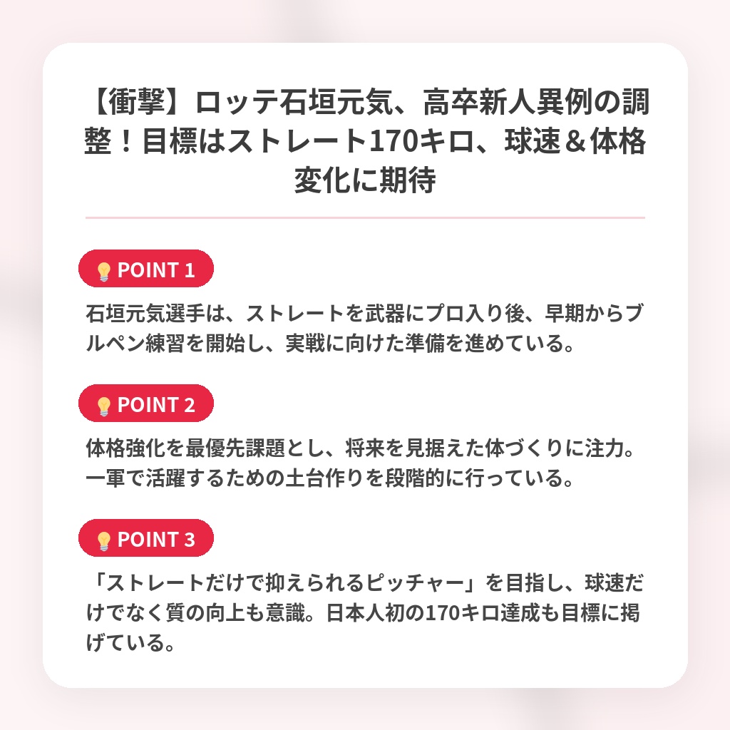 【衝撃】ロッテ石垣元気、高卒新人異例の調整！目標はストレート170キロ、球速＆体格変化に期待の注目ポイントまとめ