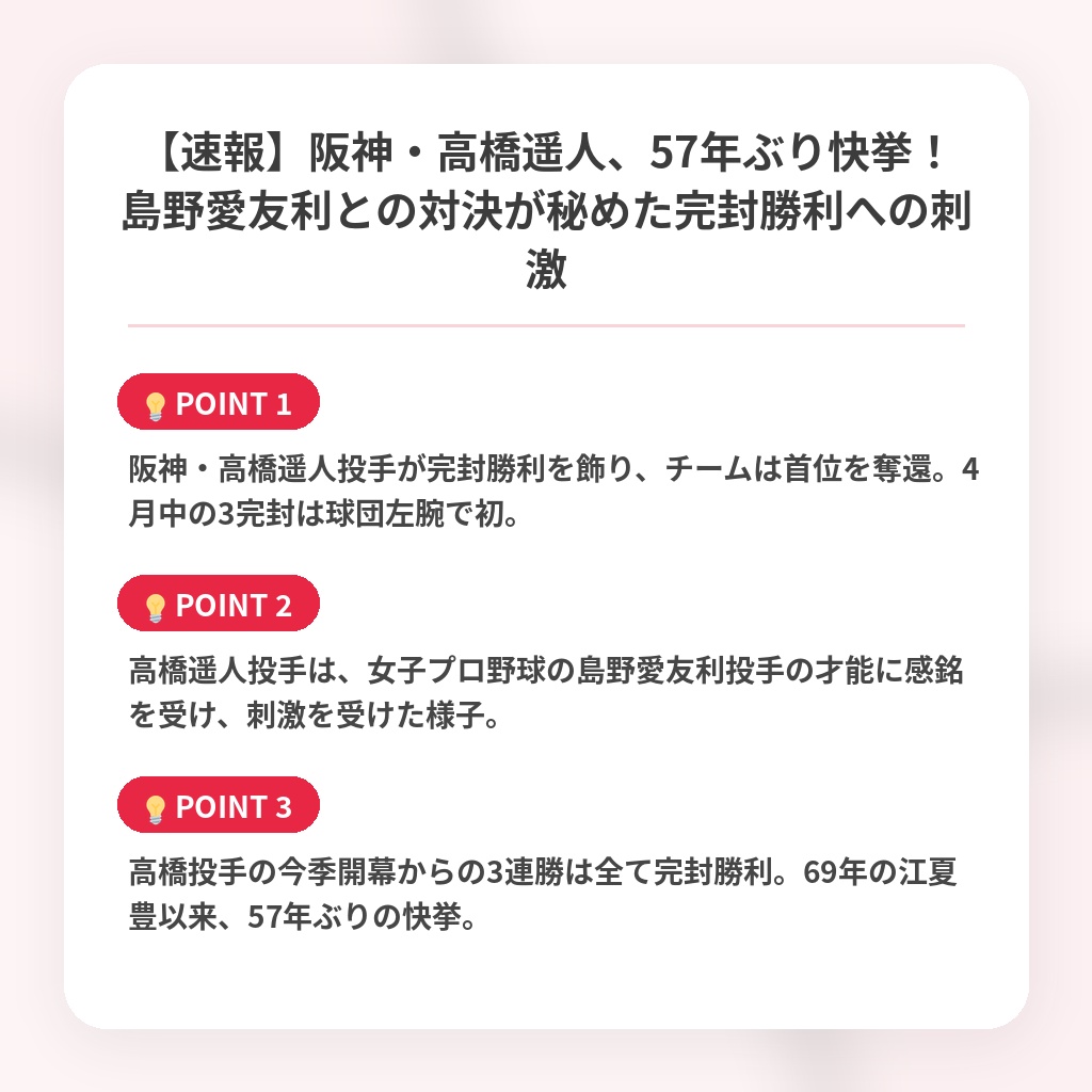 【速報】阪神・高橋遥人、57年ぶり快挙！島野愛友利との対決が秘めた完封勝利への刺激の注目ポイントまとめ