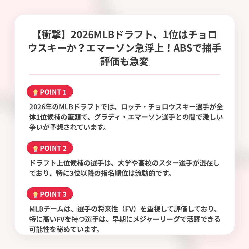 【衝撃】2026MLBドラフト、1位はチョロウスキーか？エマーソン急浮上！ABSで捕手評価も急変の注目ポイントまとめ