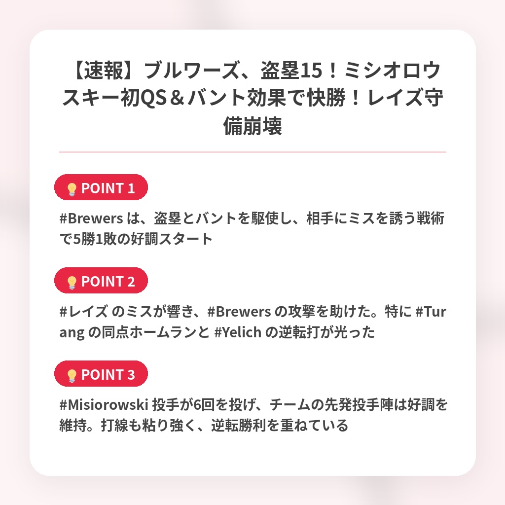 【速報】ブルワーズ、盗塁15！ミシオロウスキー初QS＆バント効果で快勝！レイズ守備崩壊の注目ポイントまとめ