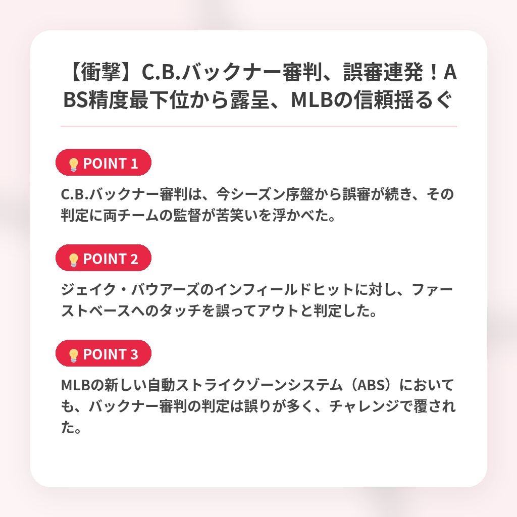 【衝撃】C.B.バックナー審判、誤審連発！ABS精度最下位から露呈、MLBの信頼揺るぐの注目ポイントまとめ