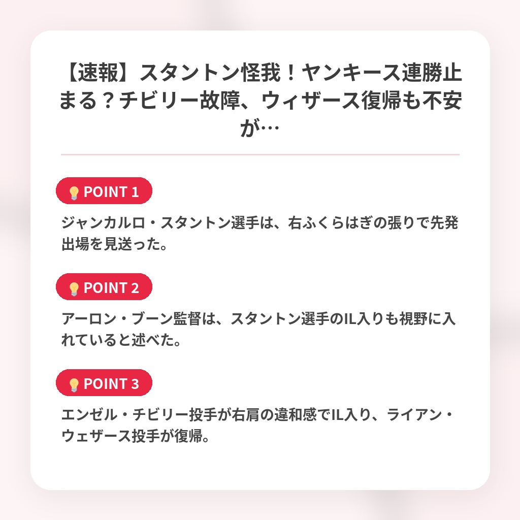 【速報】スタントン怪我！ヤンキース連勝止まる？チビリー故障、ウィザース復帰も不安が…の注目ポイントまとめ