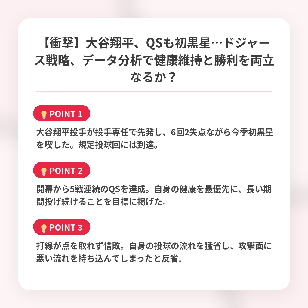 【衝撃】大谷翔平、QSも初黒星…ドジャース戦略、データ分析で健康維持と勝利を両立なるか？の注目ポイントまとめ