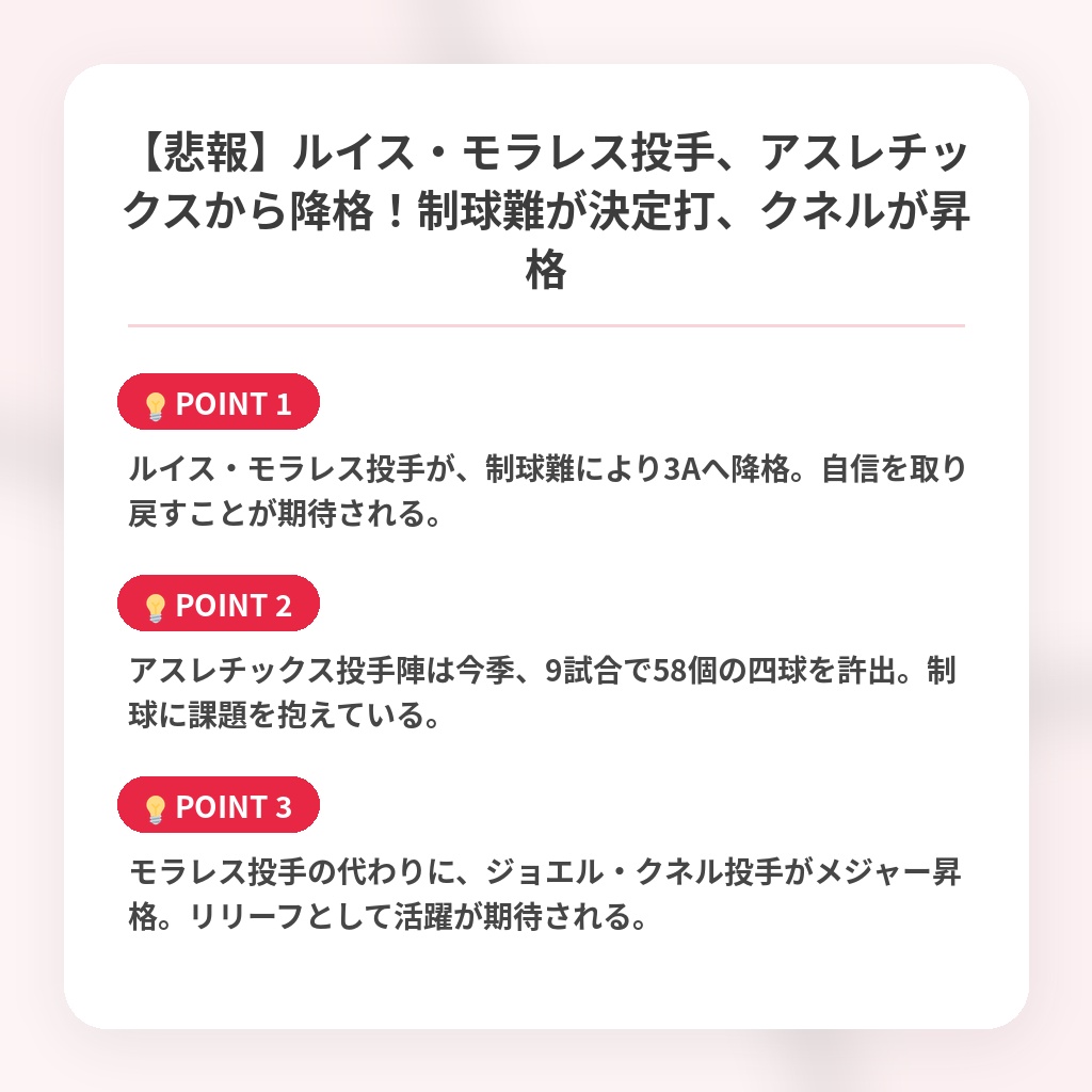 【悲報】ルイス・モラレス投手、アスレチックスから降格！制球難が決定打、クネルが昇格の注目ポイントまとめ