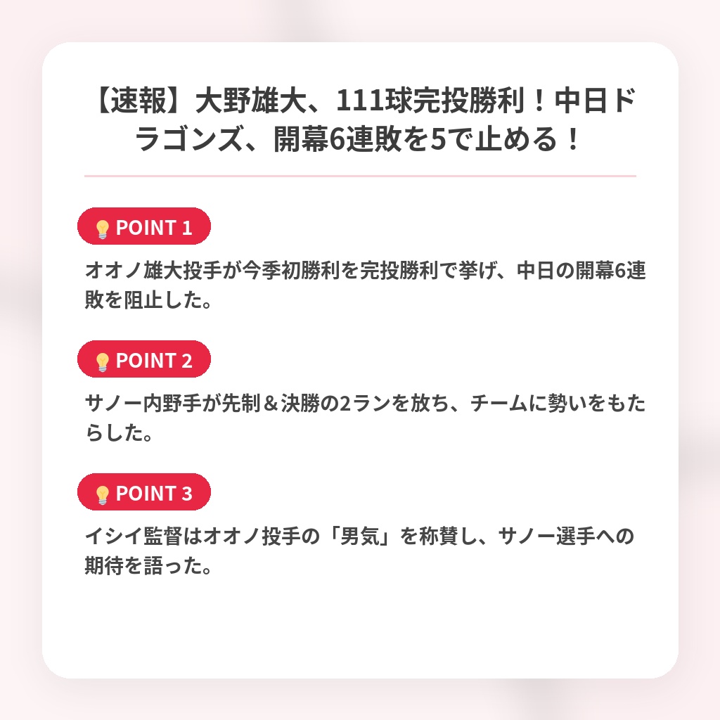 【速報】大野雄大、111球完投勝利！中日ドラゴンズ、開幕6連敗を5で止める！の注目ポイントまとめ