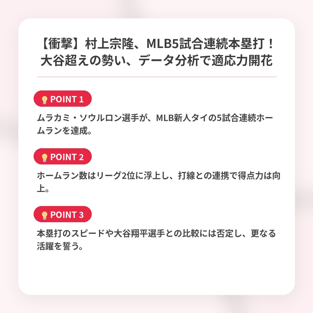 【衝撃】村上宗隆、MLB5試合連続本塁打！大谷超えの勢い、データ分析で適応力開花の注目ポイントまとめ
