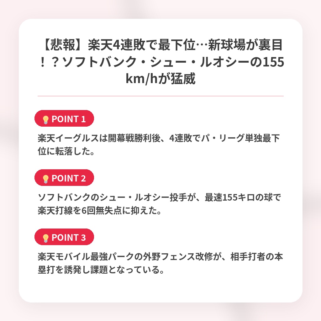 【悲報】楽天4連敗で最下位…新球場が裏目！？ソフトバンク・シュー・ルオシーの155km/hが猛威の注目ポイントまとめ