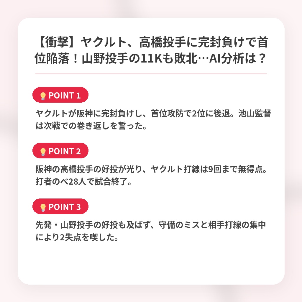 【衝撃】ヤクルト、高橋投手に完封負けで首位陥落！山野投手の11Kも敗北…AI分析は？の注目ポイントまとめ