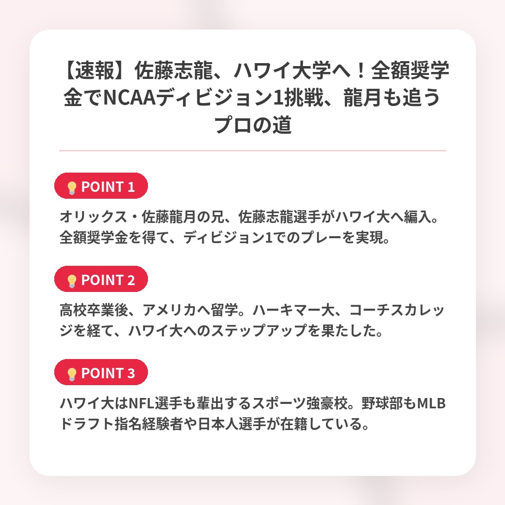 【速報】佐藤志龍、ハワイ大学へ！全額奨学金でNCAAディビジョン1挑戦、龍月も追うプロの道の注目ポイントまとめ