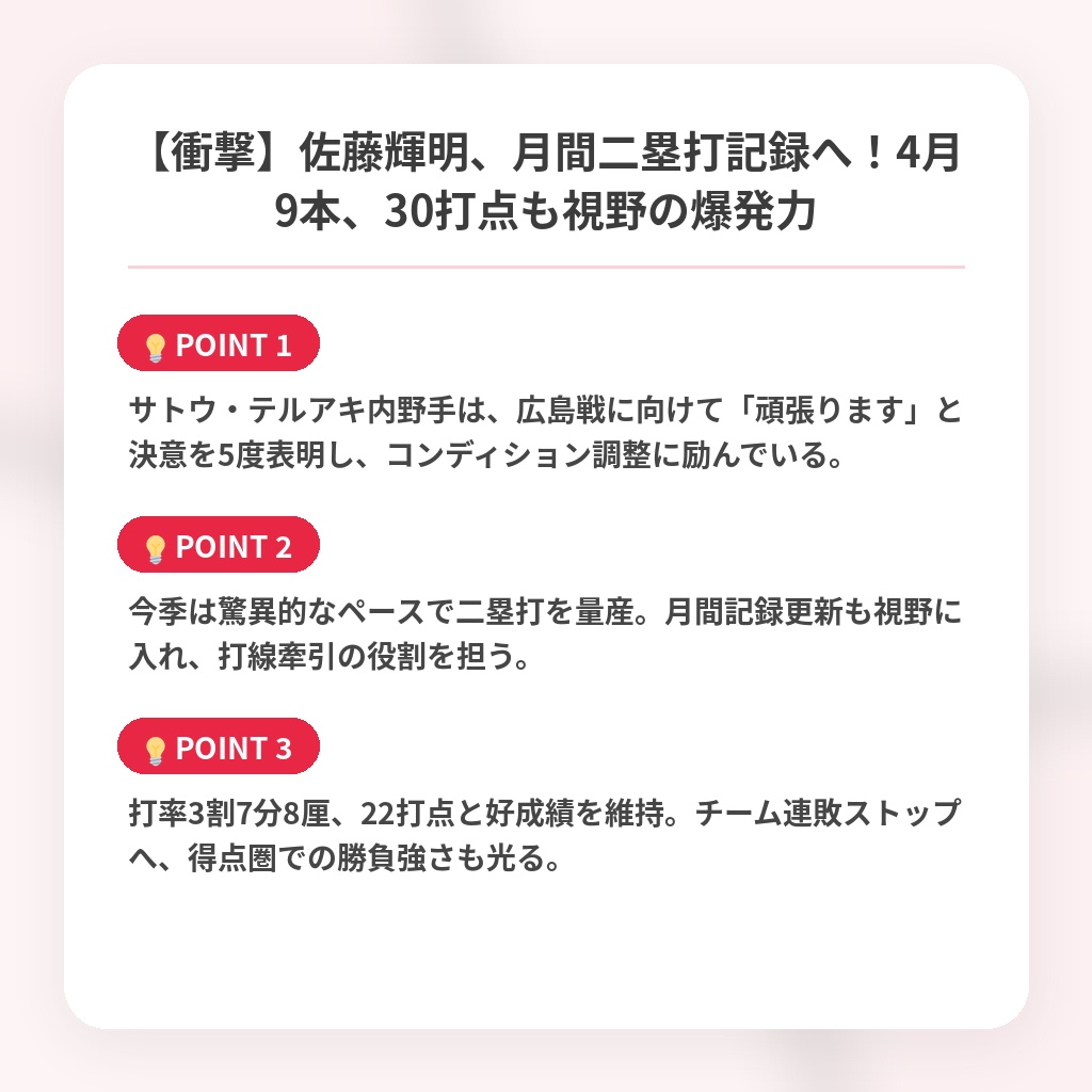 【衝撃】佐藤輝明、月間二塁打記録へ！4月9本、30打点も視野の爆発力の注目ポイントまとめ