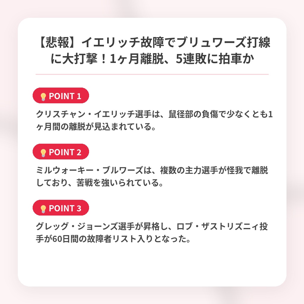 【悲報】イエリッチ故障でブリュワーズ打線に大打撃!1ヶ月離脱、5連敗に拍車かの注目ポイントまとめ