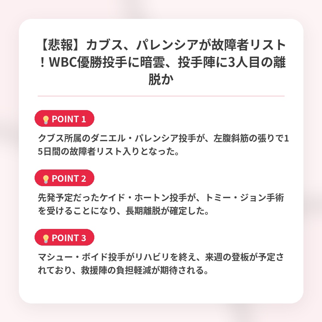 【悲報】カブス、パレンシアが故障者リスト！WBC優勝投手に暗雲、投手陣に3人目の離脱かの注目ポイントまとめ
