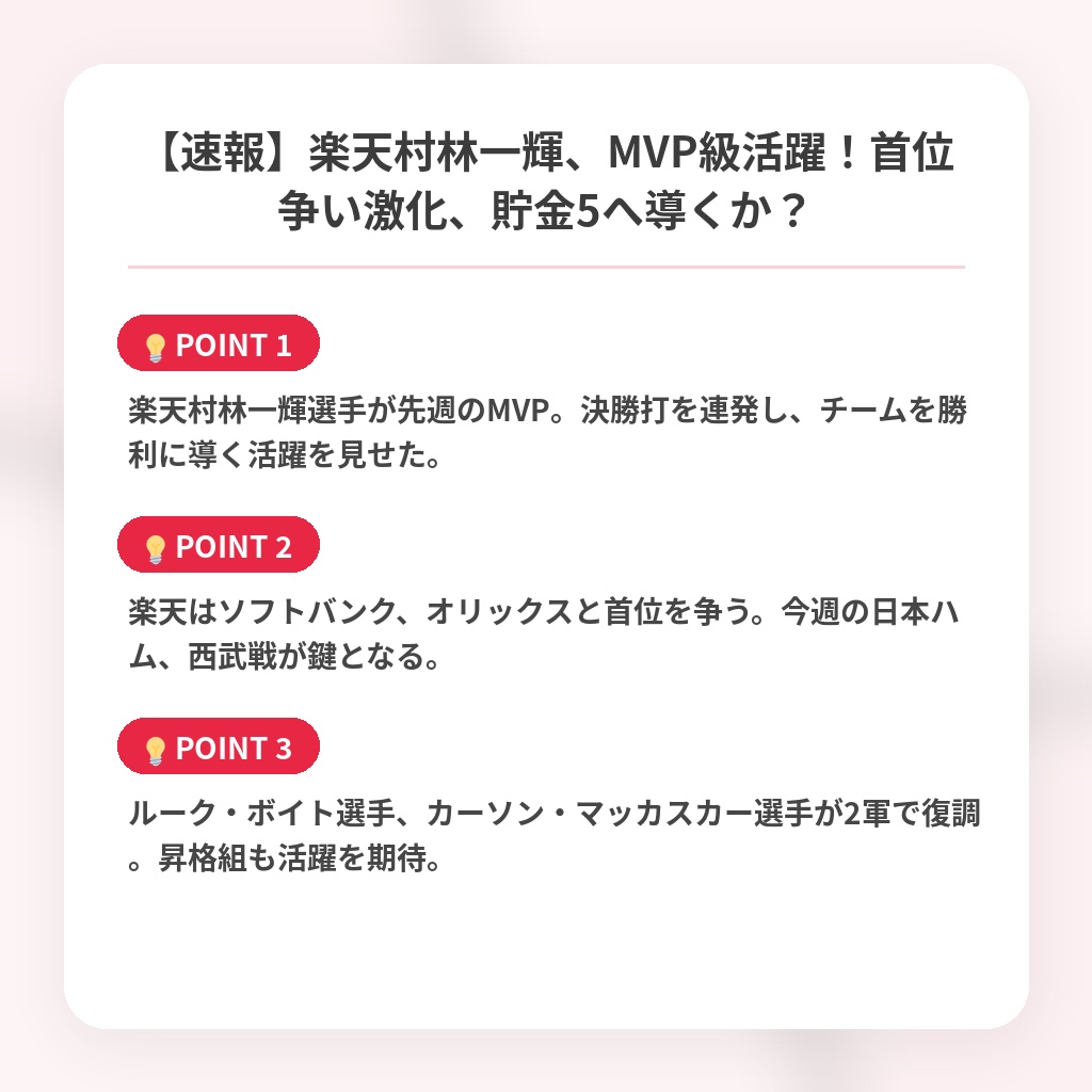 【速報】楽天村林一輝、MVP級活躍！首位争い激化、貯金5へ導くか？の注目ポイントまとめ