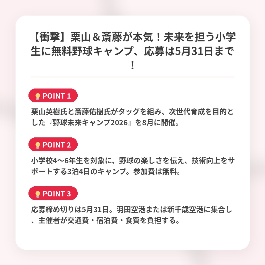 【衝撃】栗山＆斎藤が本気！未来を担う小学生に無料野球キャンプ、応募は5月31日まで！の注目ポイントまとめ