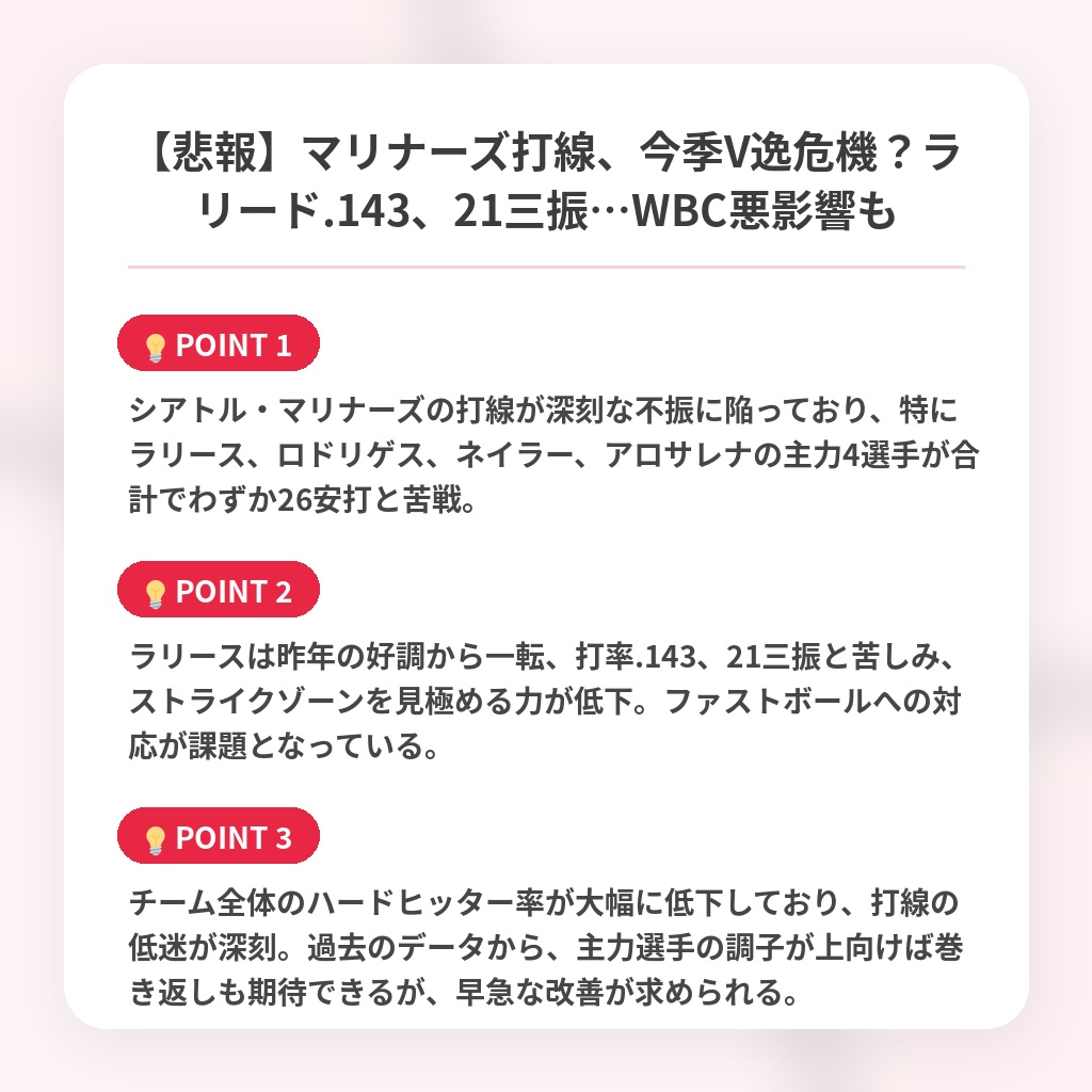 【悲報】マリナーズ打線、今季V逸危機?ラリード.143、21三振…WBC悪影響もの注目ポイントまとめ