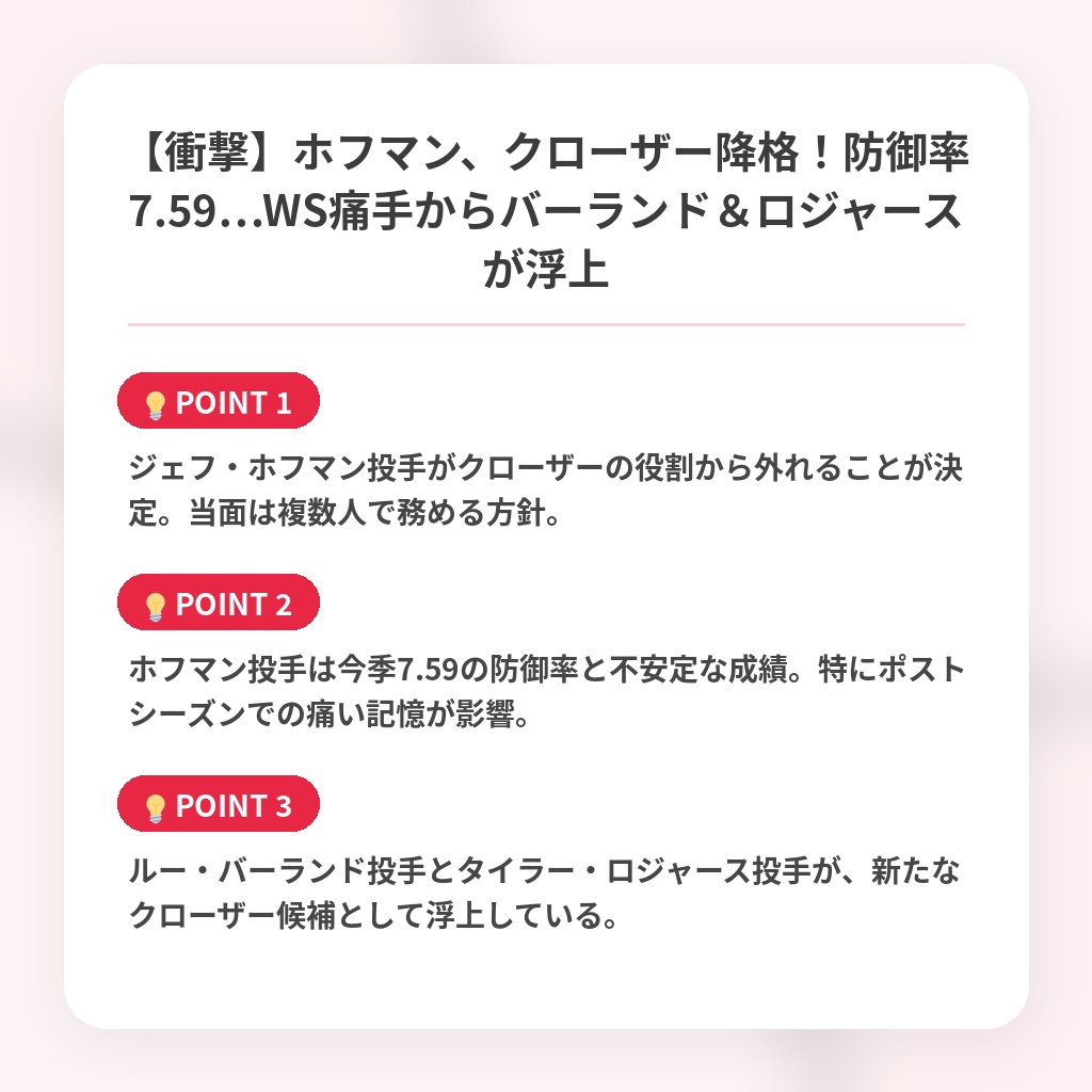 【衝撃】ホフマン、クローザー降格！防御率7.59…WS痛手からバーランド＆ロジャースが浮上の注目ポイントまとめ