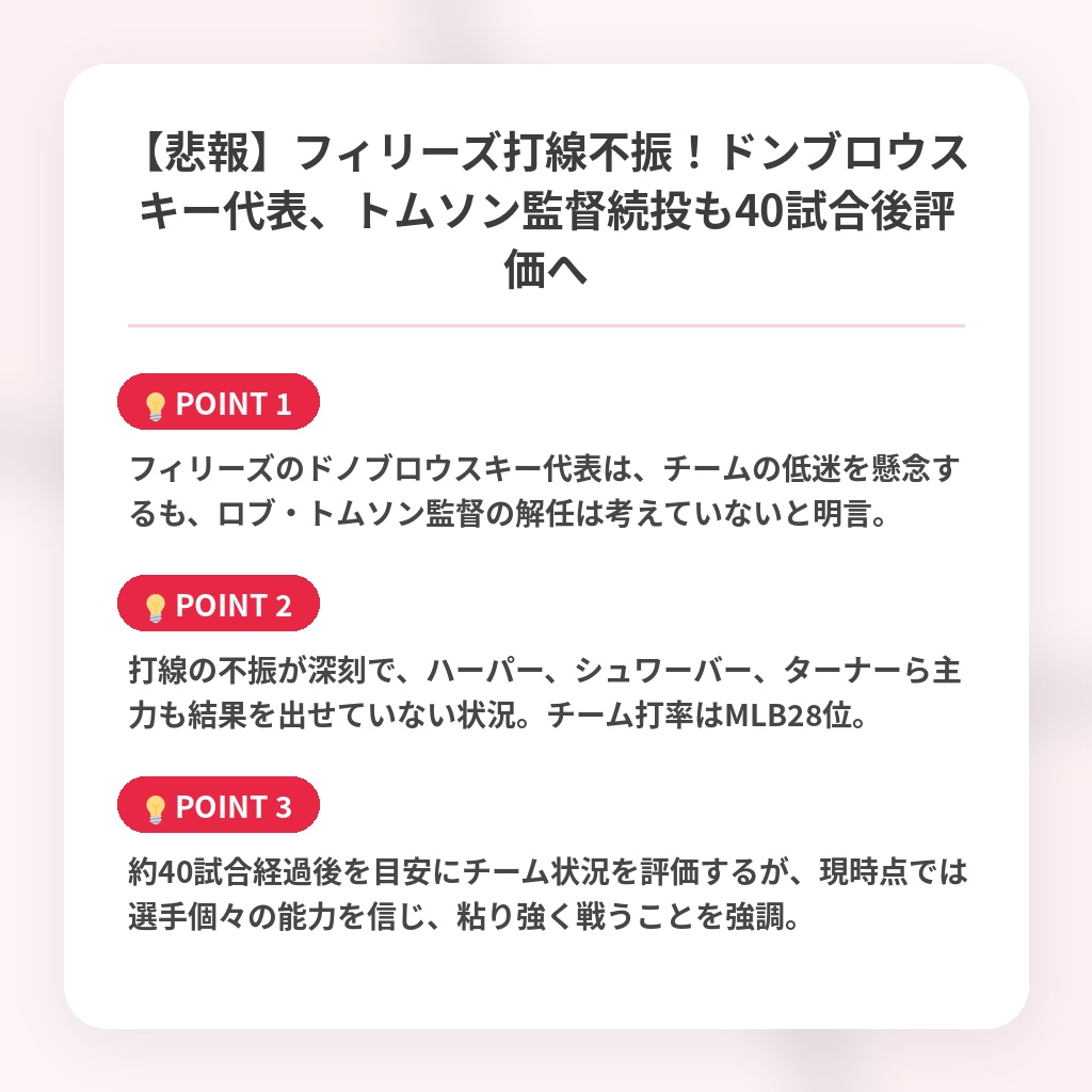 【悲報】フィリーズ打線不振！ドンブロウスキー代表、トムソン監督続投も40試合後評価への注目ポイントまとめ