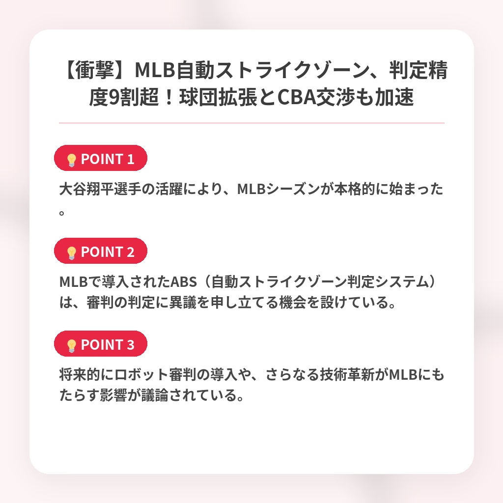 【衝撃】MLB自動ストライクゾーン、判定精度9割超!球団拡張とCBA交渉も加速の注目ポイントまとめ