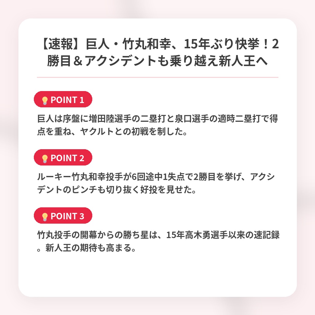 【速報】巨人・竹丸和幸、15年ぶり快挙!2勝目&アクシデントも乗り越え新人王への注目ポイントまとめ