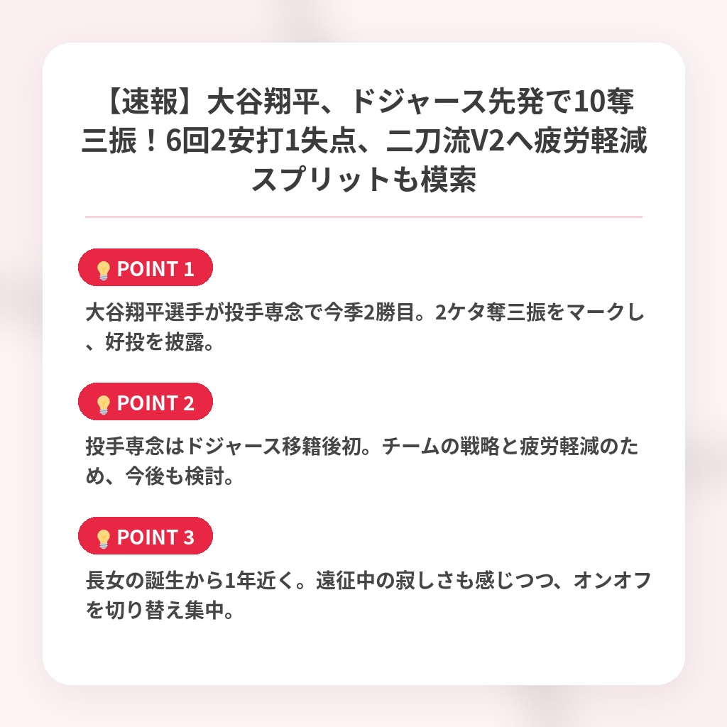 【速報】大谷翔平、ドジャース先発で10奪三振!6回2安打1失点、二刀流V2へ疲労軽減スプリットも模索の注目ポイントまとめ