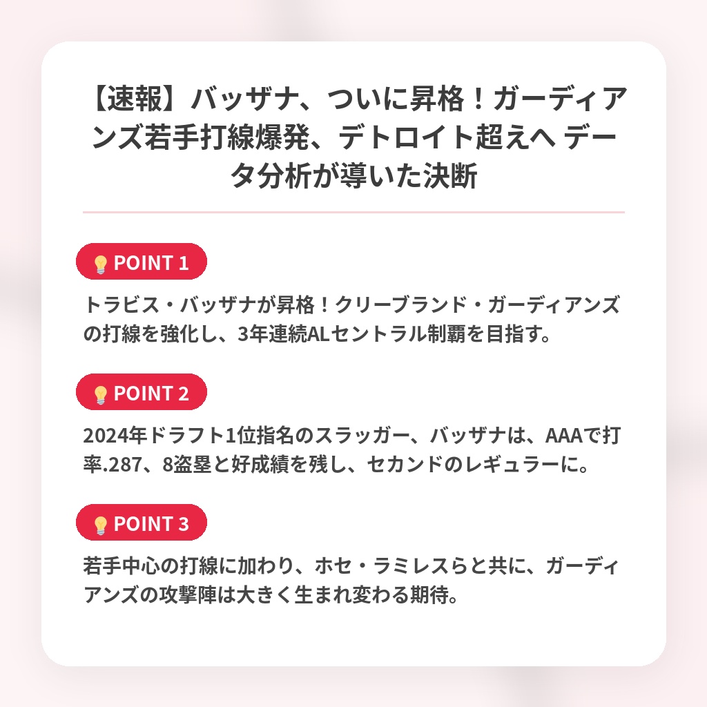 【速報】バッザナ、ついに昇格！ガーディアンズ若手打線爆発、デトロイト超えへ データ分析が導いた決断の注目ポイントまとめ
