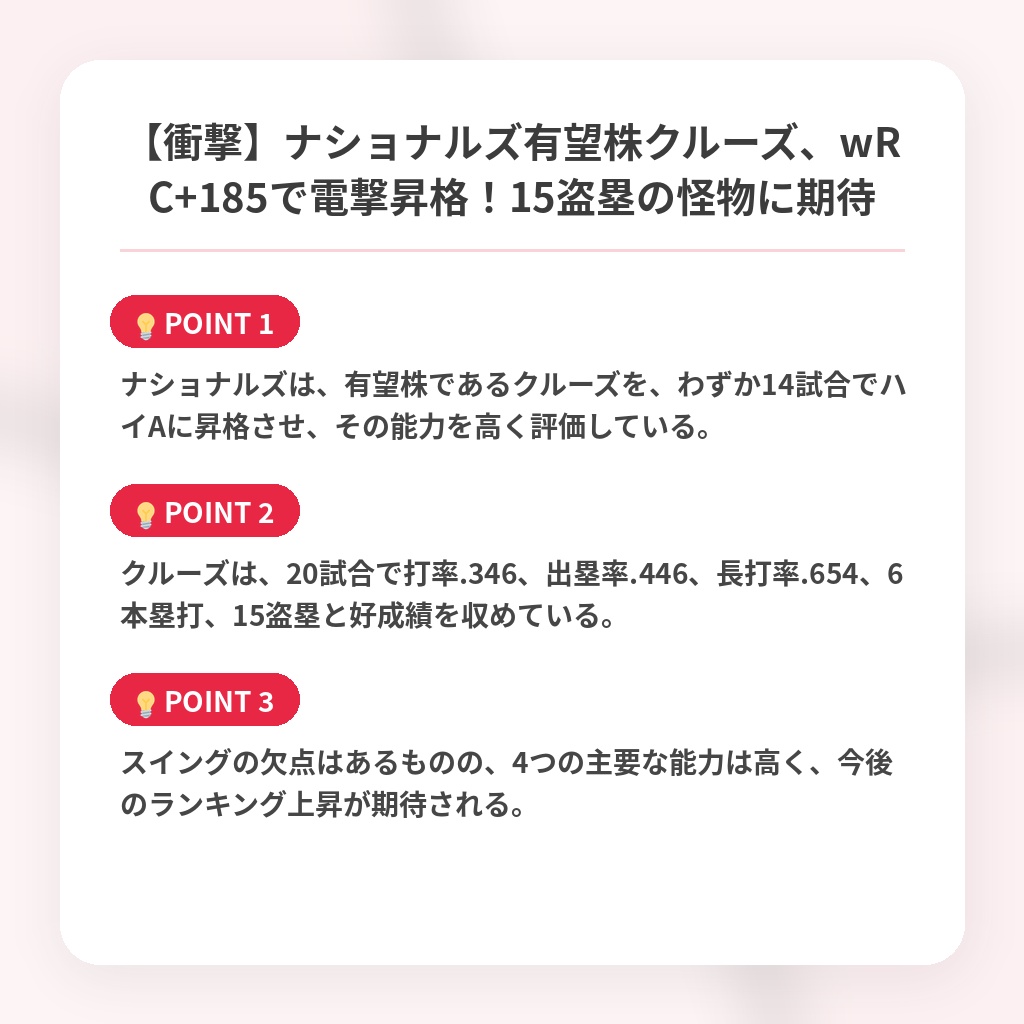 【衝撃】ナショナルズ有望株クルーズ、wRC+185で電撃昇格！15盗塁の怪物に期待の注目ポイントまとめ