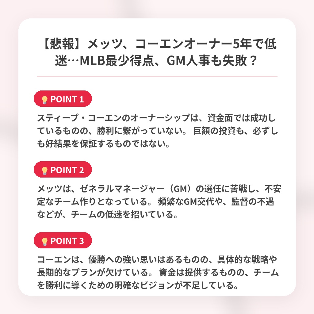 【悲報】メッツ、コーエンオーナー5年で低迷…MLB最少得点、GM人事も失敗？の注目ポイントまとめ