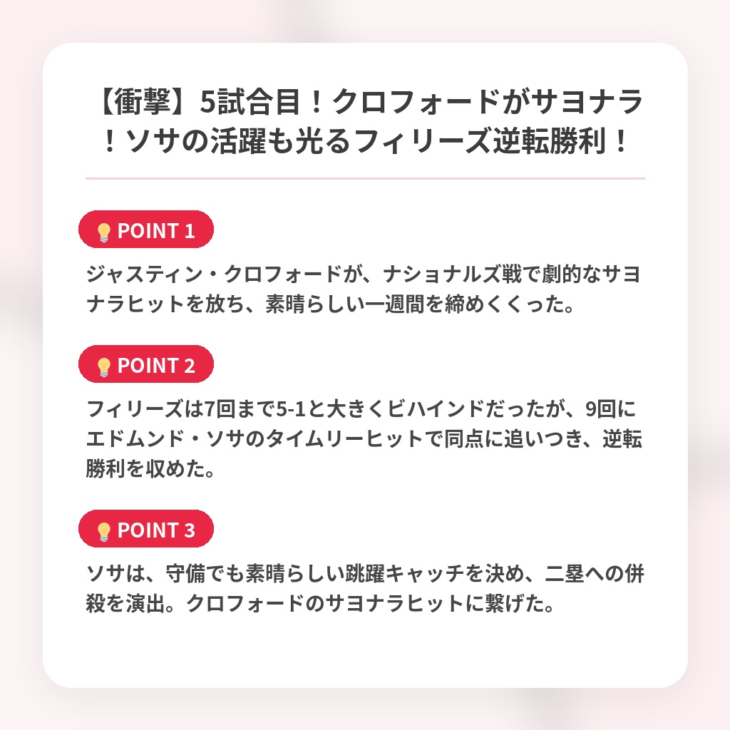 【衝撃】5試合目！クロフォードがサヨナラ！ソサの活躍も光るフィリーズ逆転勝利！の注目ポイントまとめ