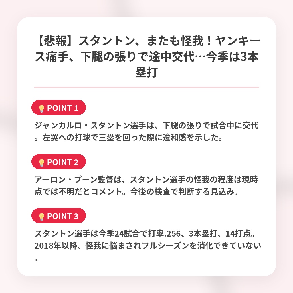 【悲報】スタントン、またも怪我！ヤンキース痛手、下腿の張りで途中交代…今季は3本塁打の注目ポイントまとめ