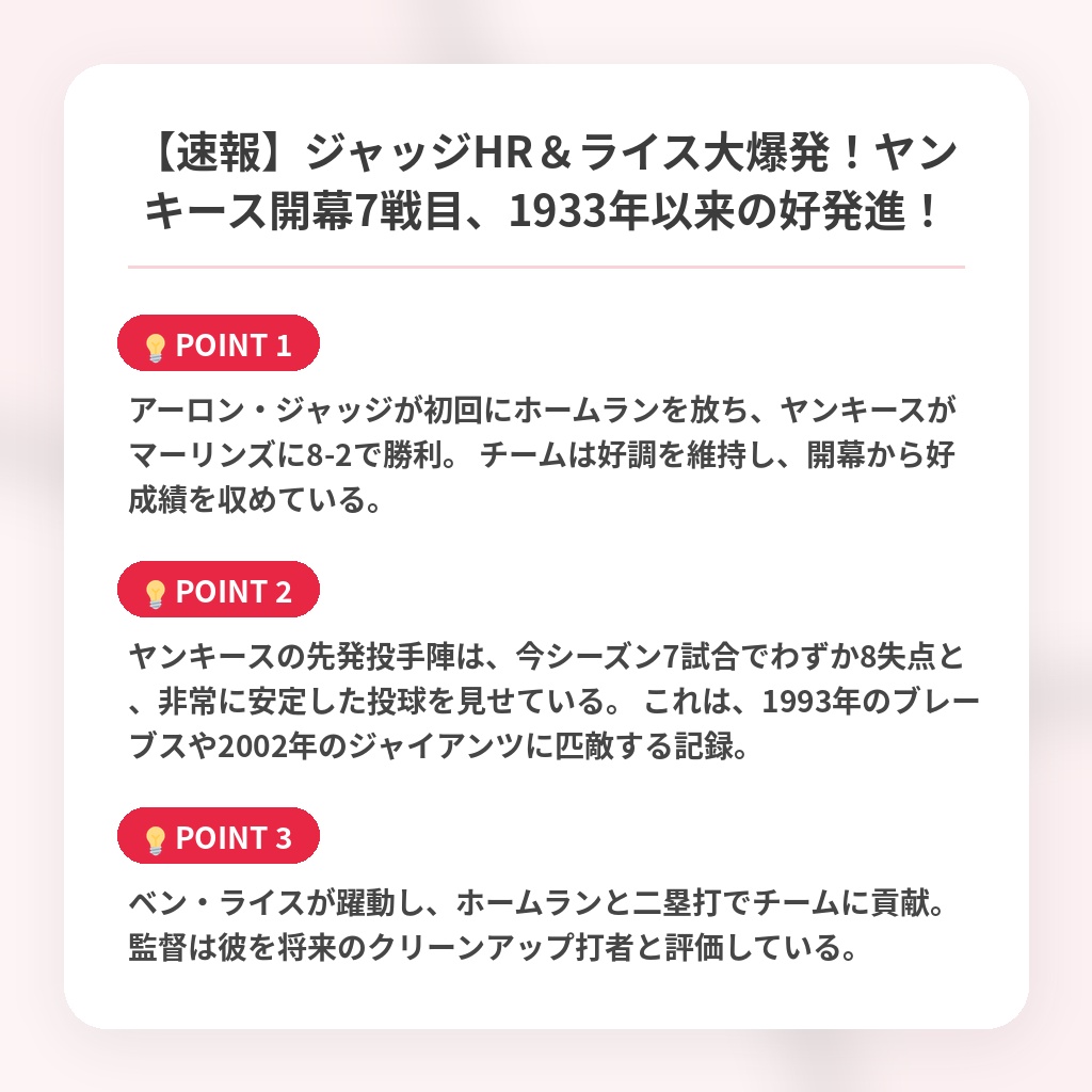 【速報】ジャッジHR&ライス大爆発!ヤンキース開幕7戦目、1933年以来の好発進!の注目ポイントまとめ