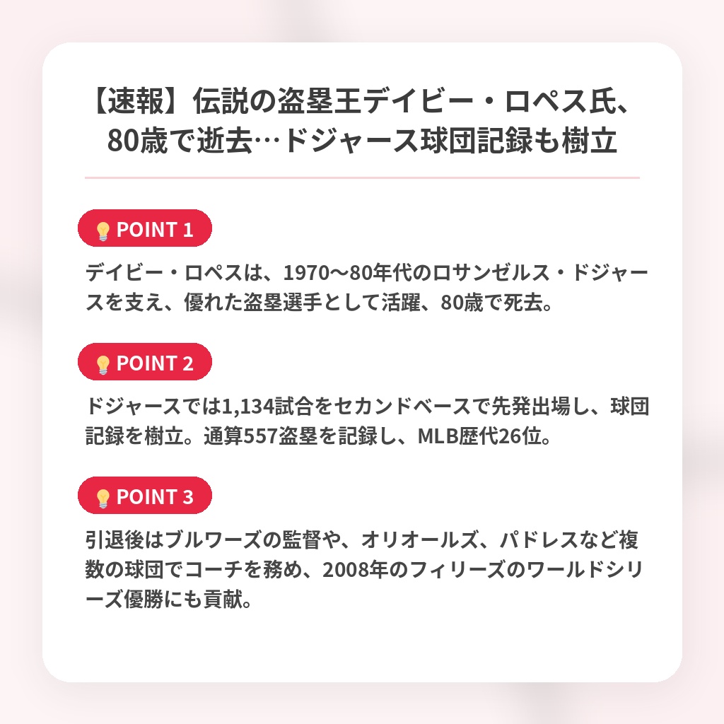 【速報】伝説の盗塁王デイビー・ロペス氏、80歳で逝去…ドジャース球団記録も樹立の注目ポイントまとめ