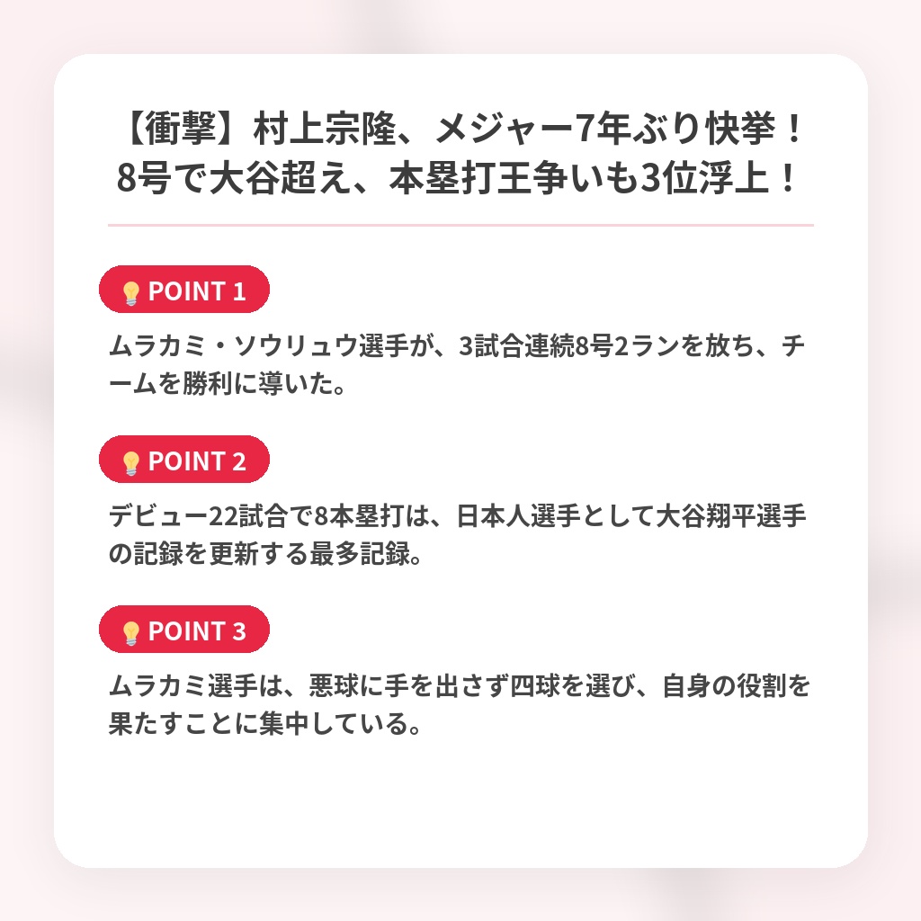 【衝撃】村上宗隆、メジャー7年ぶり快挙！8号で大谷超え、本塁打王争いも3位浮上！の注目ポイントまとめ