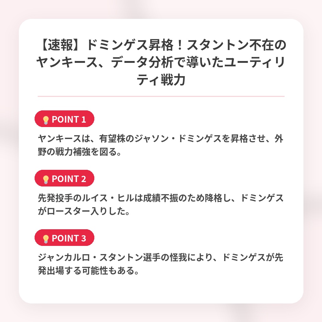 【速報】ドミンゲス昇格！スタントン不在のヤンキース、データ分析で導いたユーティリティ戦力の注目ポイントまとめ