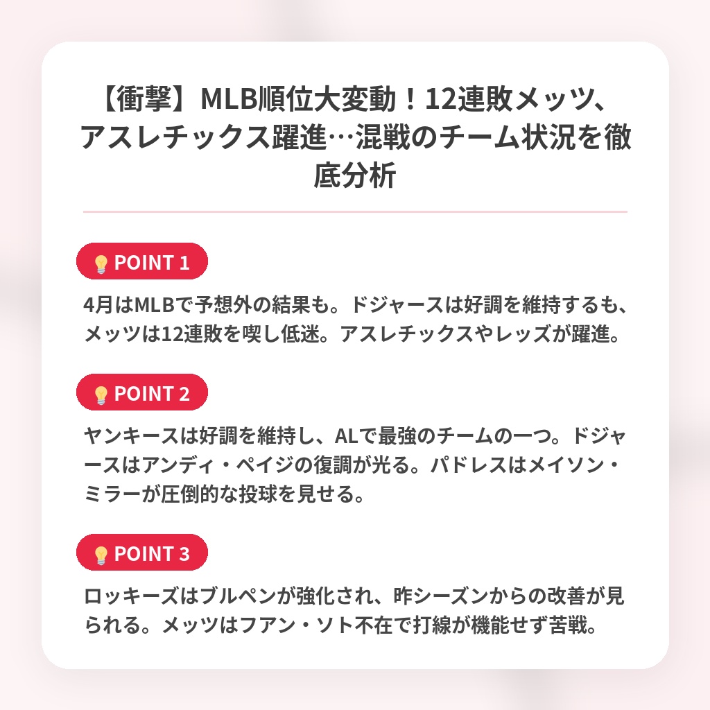 【衝撃】MLB順位大変動！12連敗メッツ、アスレチックス躍進…混戦のチーム状況を徹底分析の注目ポイントまとめ