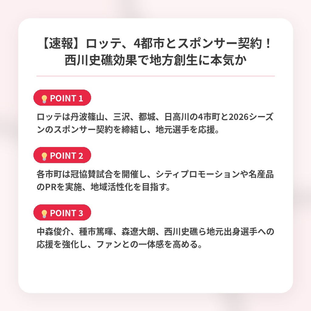 【速報】ロッテ、4都市とスポンサー契約！西川史礁効果で地方創生に本気かの注目ポイントまとめ