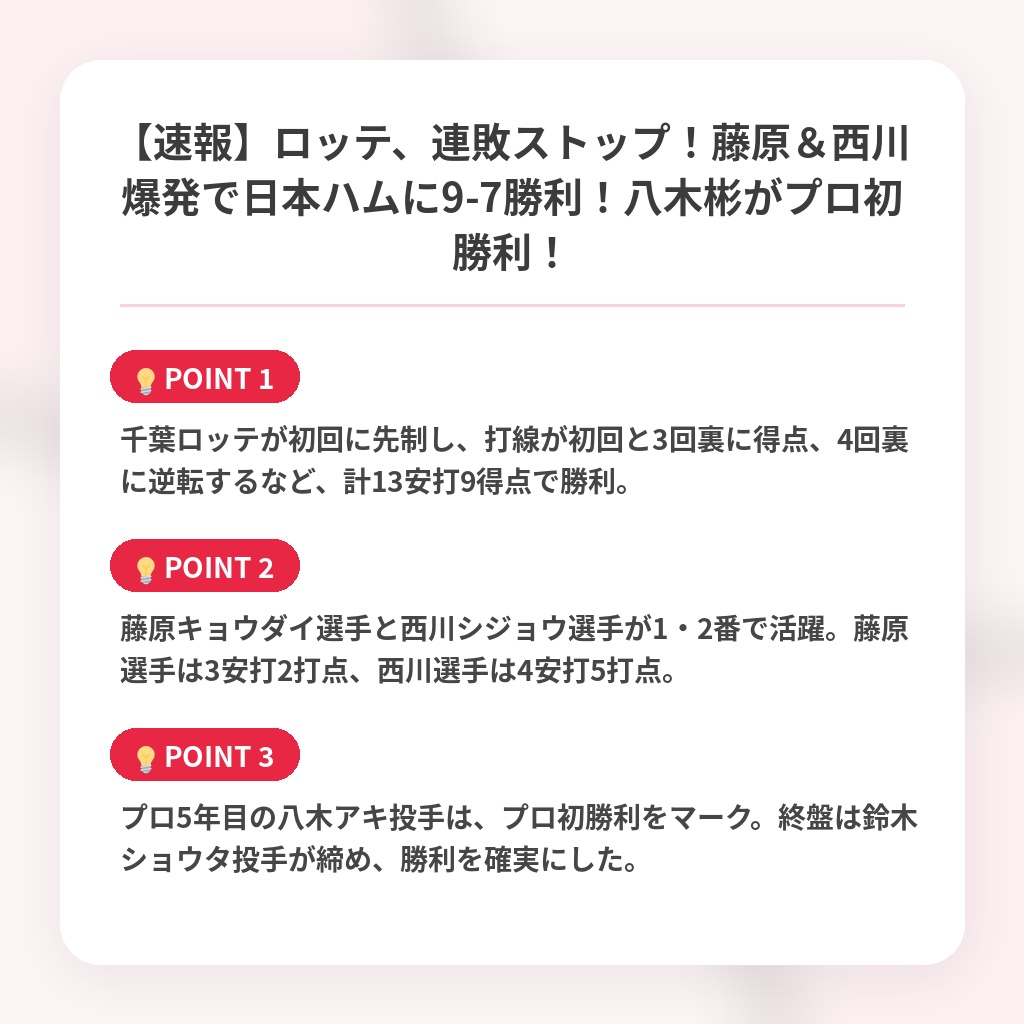 【速報】ロッテ、連敗ストップ！藤原＆西川爆発で日本ハムに9-7勝利！八木彬がプロ初勝利！の注目ポイントまとめ