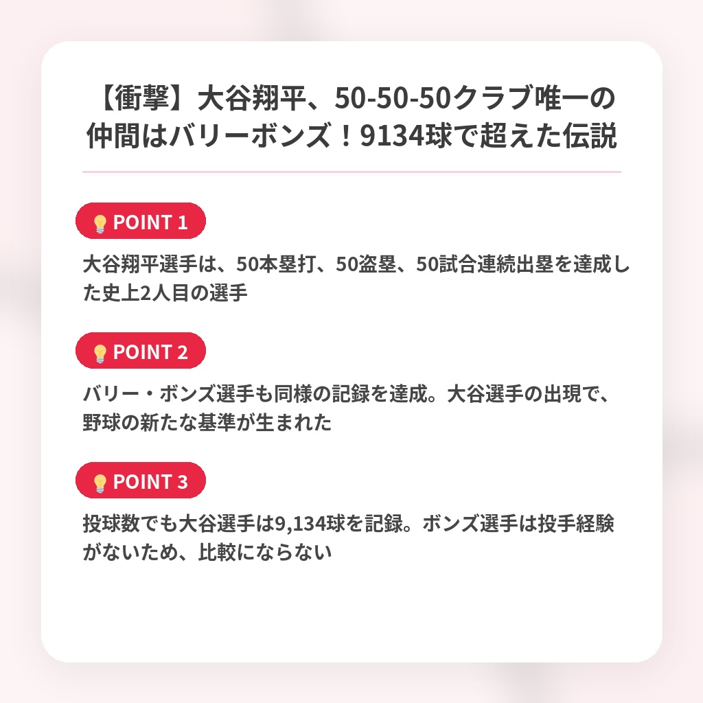 【衝撃】大谷翔平、50-50-50クラブ唯一の仲間はバリーボンズ！9134球で超えた伝説の注目ポイントまとめ