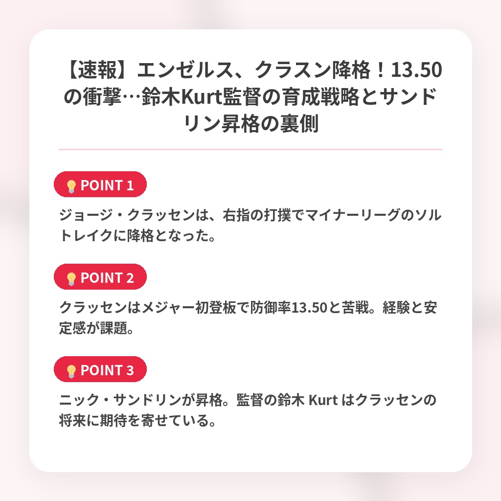 【速報】エンゼルス、クラスン降格!13.50の衝撃…鈴木Kurt監督の育成戦略とサンドリン昇格の裏側の注目ポイントまとめ