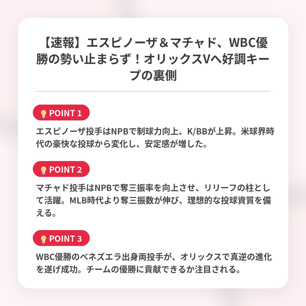 【速報】エスピノーザ＆マチャド、WBC優勝の勢い止まらず！オリックスVへ好調キープの裏側の注目ポイントまとめ