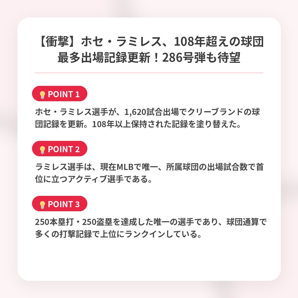 【衝撃】ホセ・ラミレス、108年超えの球団最多出場記録更新!286号弾も待望の注目ポイントまとめ