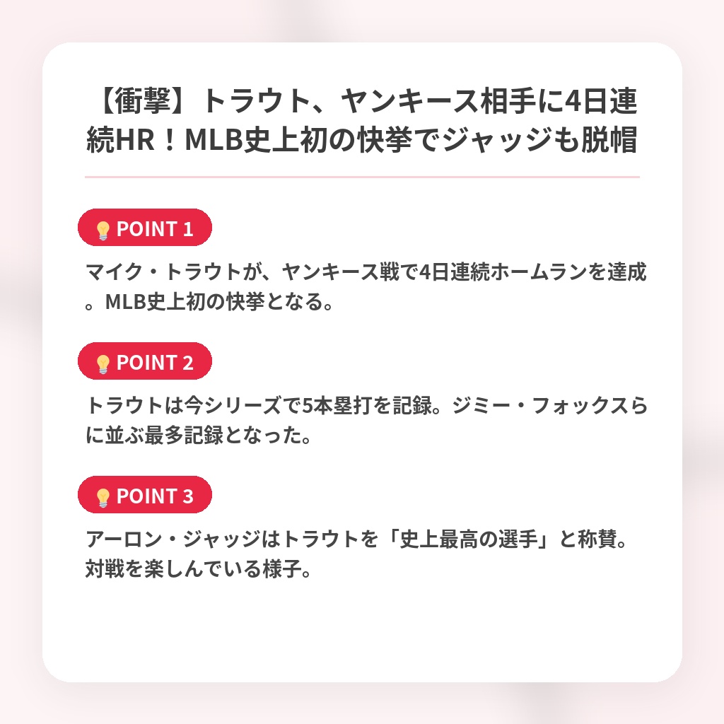 【衝撃】トラウト、ヤンキース相手に4日連続HR！MLB史上初の快挙でジャッジも脱帽の注目ポイントまとめ