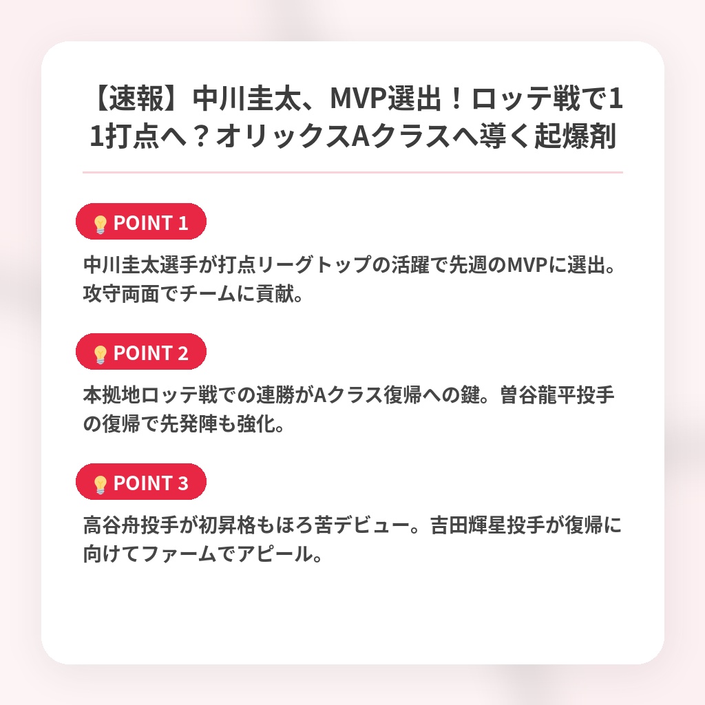 【速報】中川圭太、MVP選出!ロッテ戦で11打点へ?オリックスAクラスへ導く起爆剤の注目ポイントまとめ
