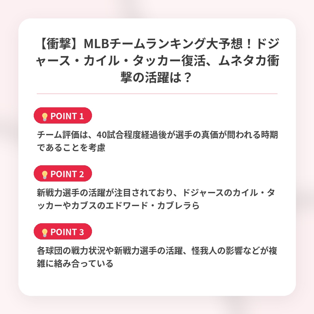 【衝撃】MLBチームランキング大予想！ドジャース・カイル・タッカー復活、ムネタカ衝撃の活躍は？の注目ポイントまとめ